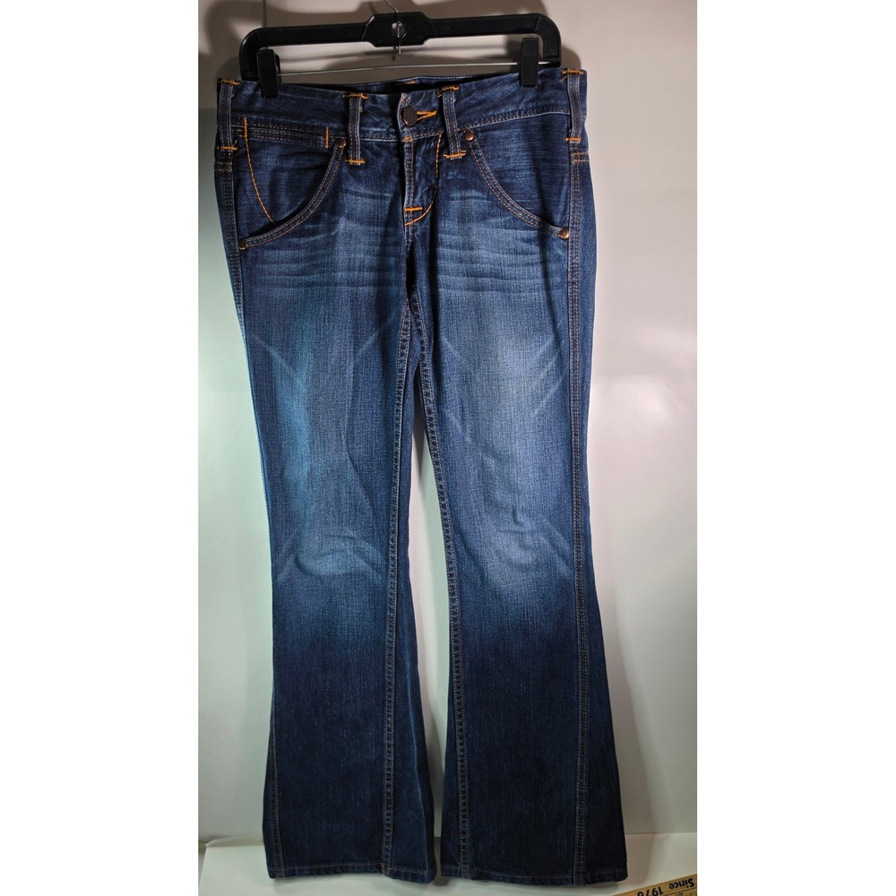 True Religion Joey Flare Jeans Womens 28 Blue Orange Thick Stitch Made In USA